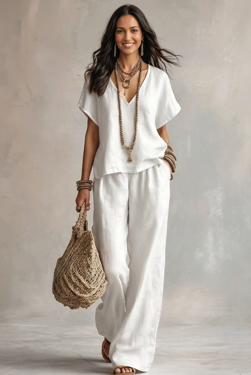 Model wearing the white Marlowe Relaxed Two-Piece Set