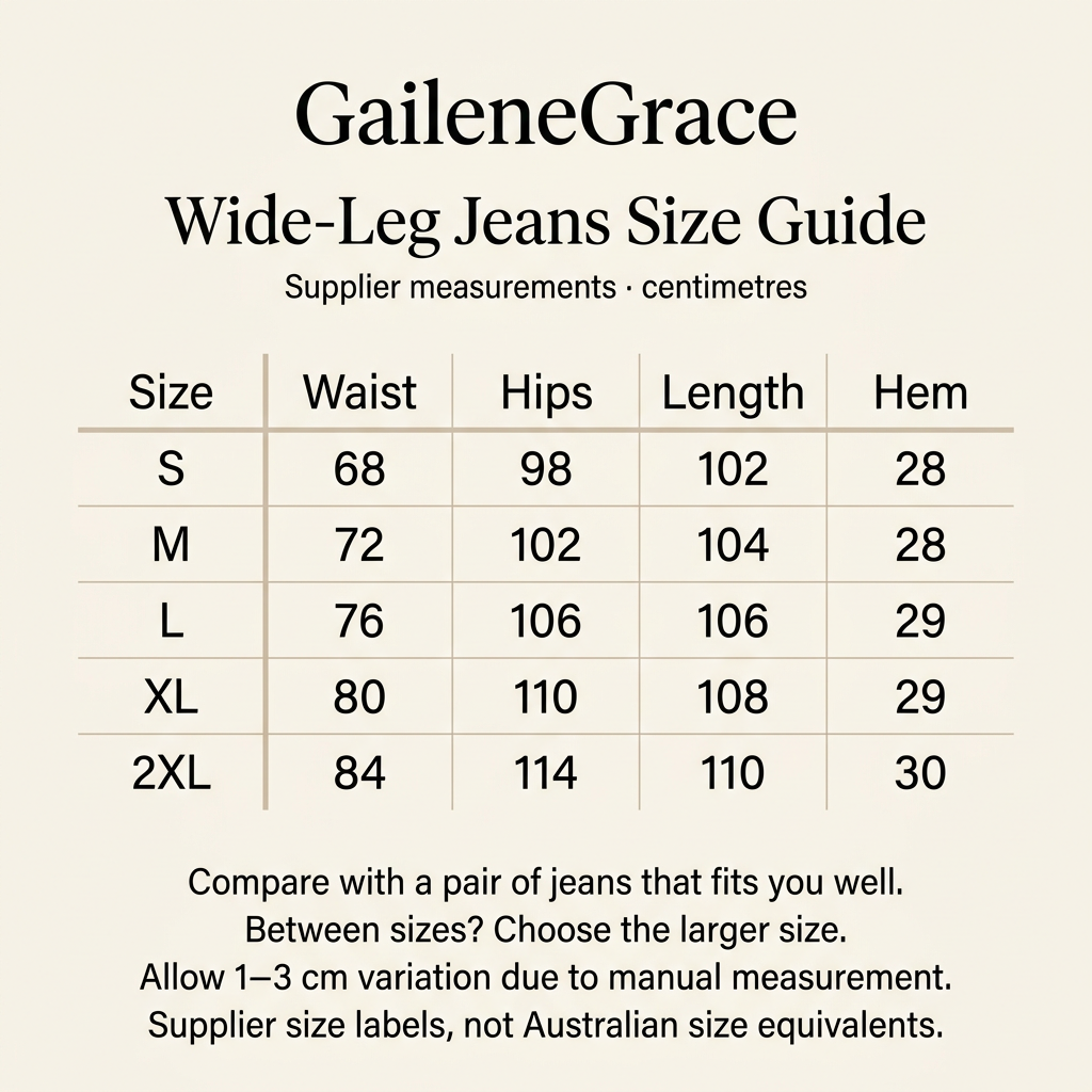 GaileneGrace wide-leg jeans size guide with supplier waist, hip, length and hem measurements in centimetres for sizes S to 2XL