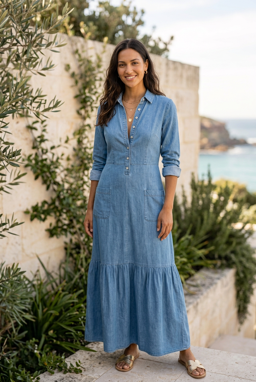 Younger adult model wearing the light-blue Ella collared tiered dress in a coastal courtyard