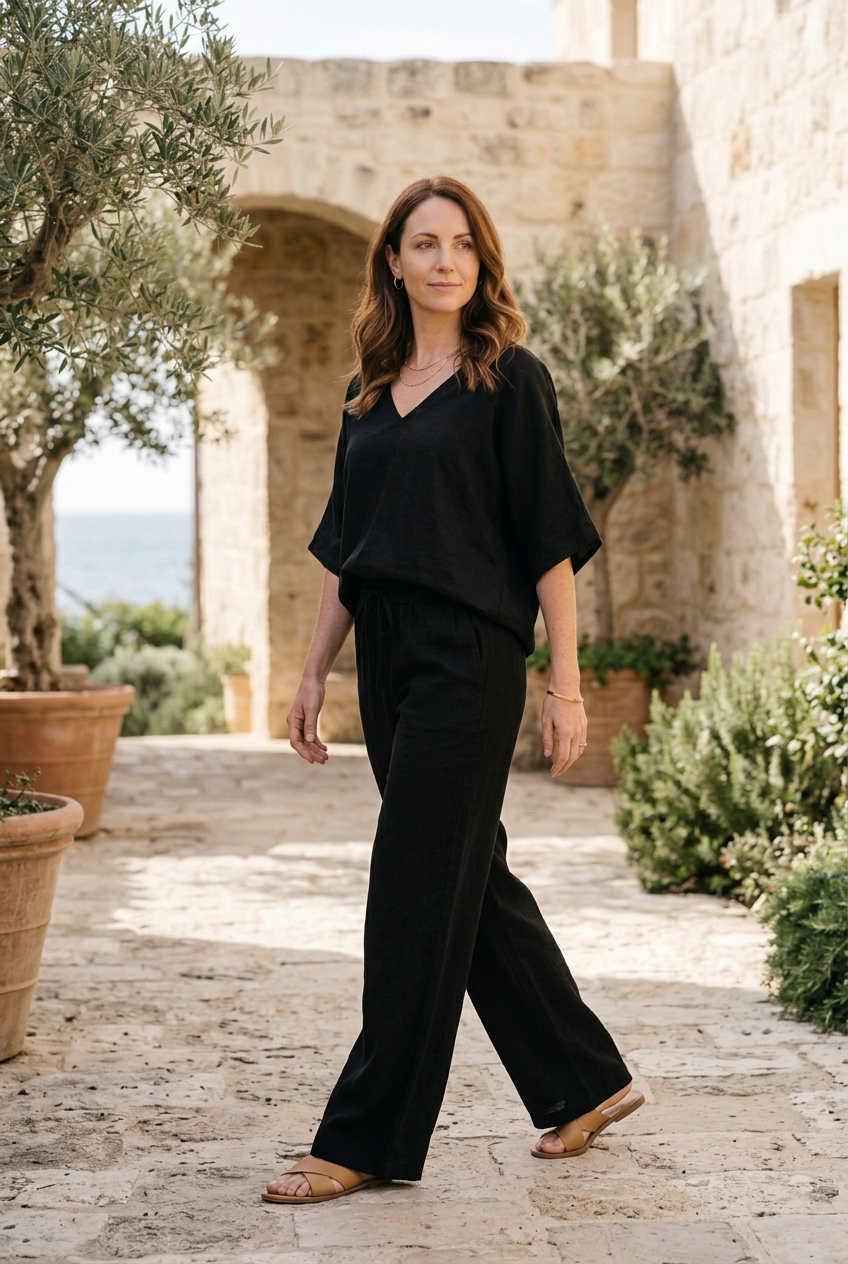Aria black two-piece trouser set, editorial lifestyle image