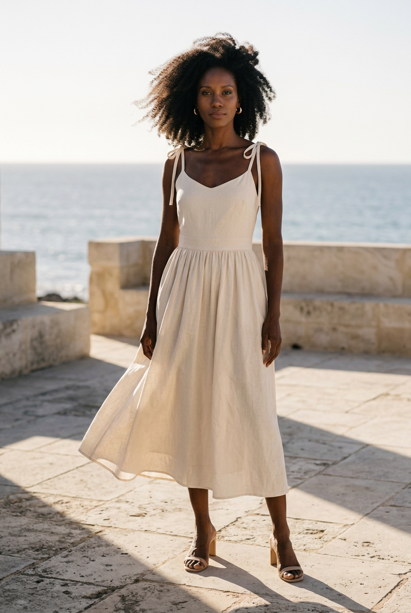 Clara cotton tie-shoulder midi dress in off white, editorial styling
