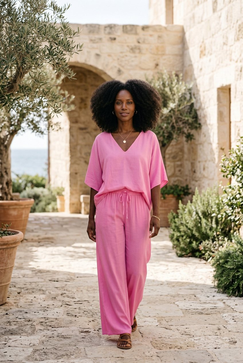 Aria Bright powder pink two-piece trouser set, editorial lifestyle image