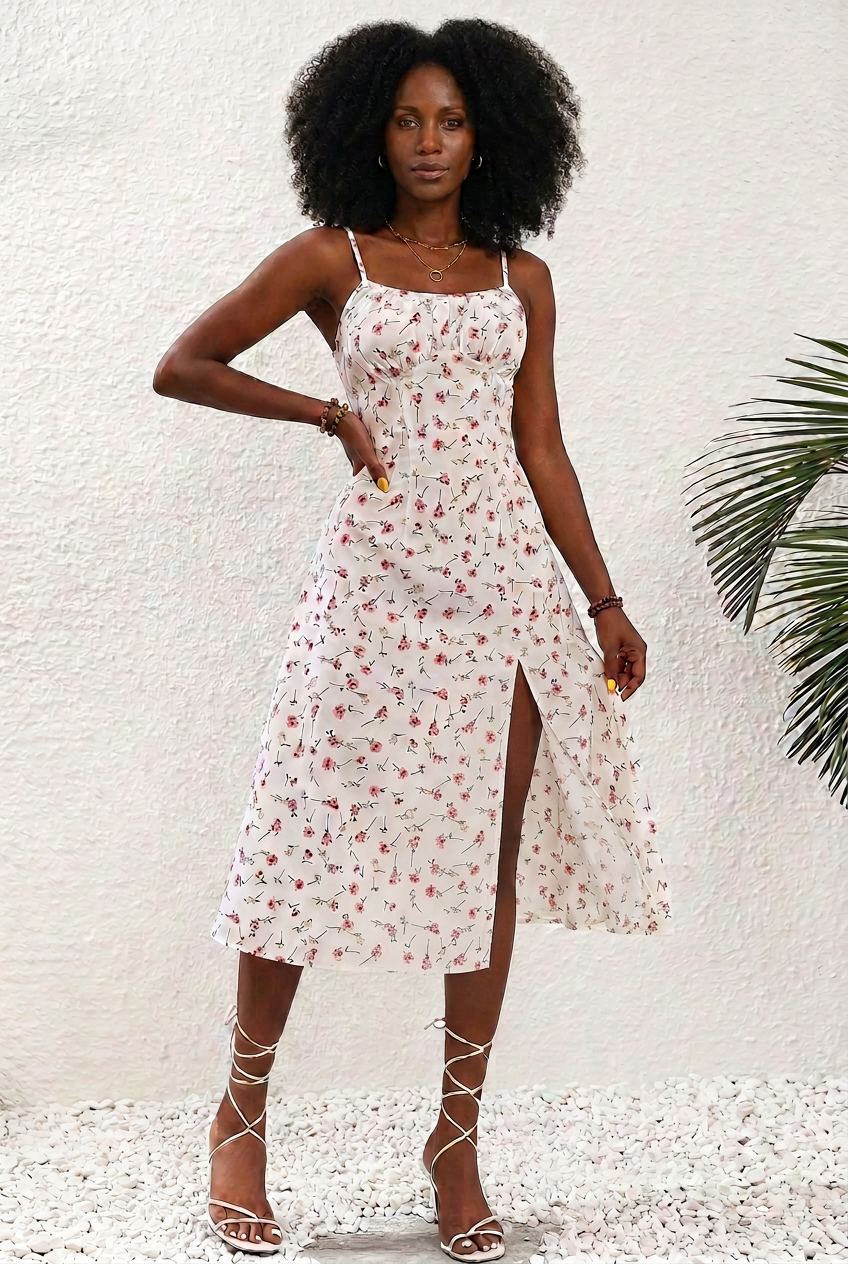 Natural-curled model wearing the white floral Rosalie dress with a front split, latest shorter-hem preview.