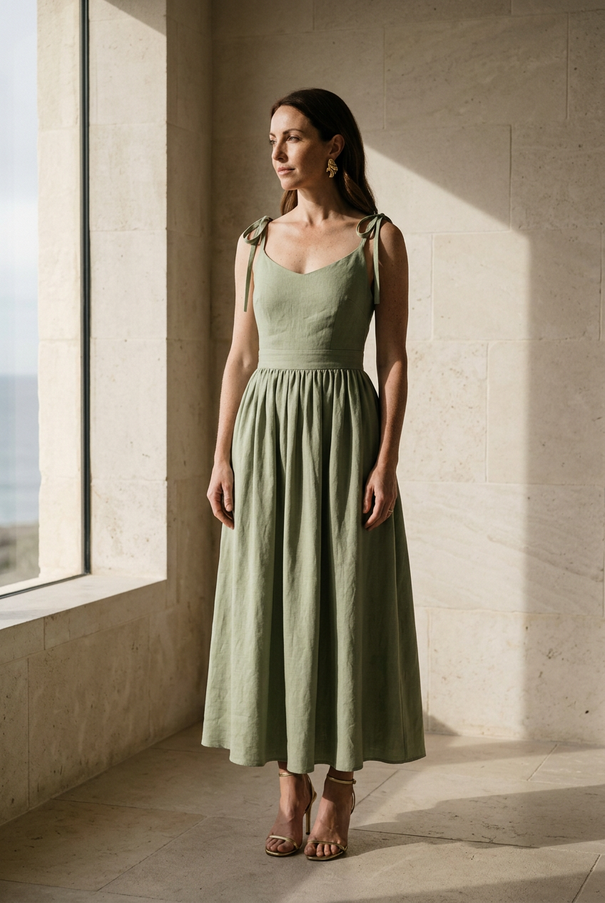 Clara cotton tie-shoulder midi dress in green, editorial styling