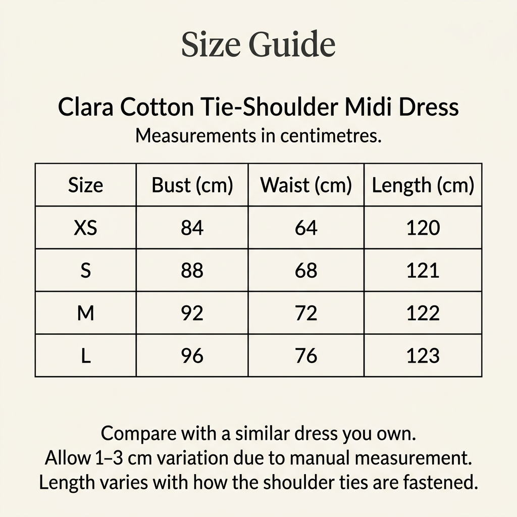 Clara Cotton Tie-Shoulder Midi Dress size guide for XS–L, with bust, waist and length measurements in centimetres.