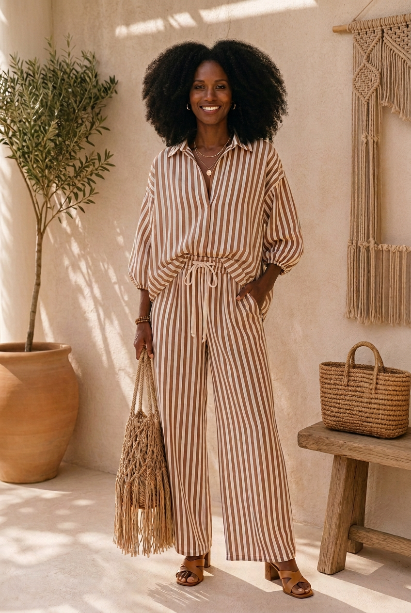 Marielle khaki striped set with relaxed shirt styling and open collar.
