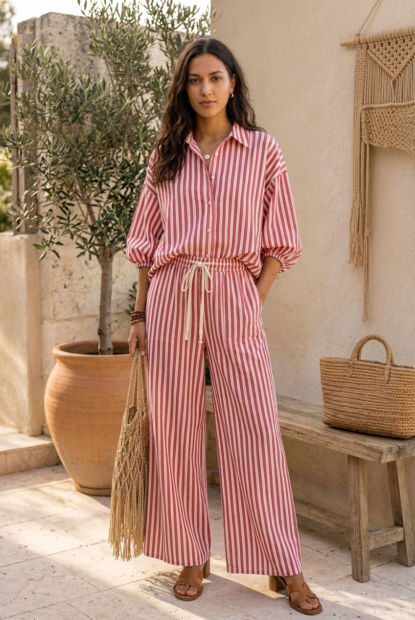Model wearing the red Marielle striped shirt and pants set in a warm neutral lifestyle setting.