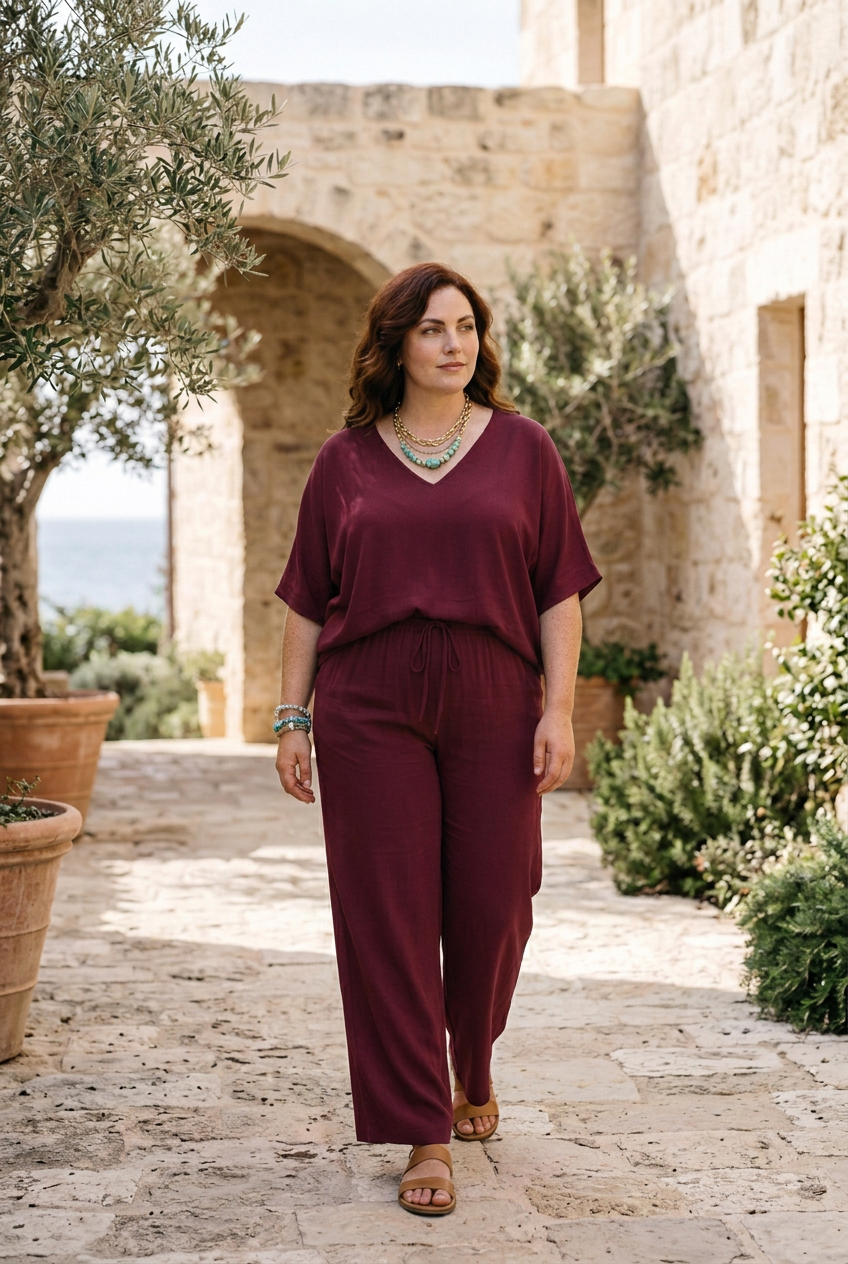 Aria dark red two-piece trouser set, editorial lifestyle image