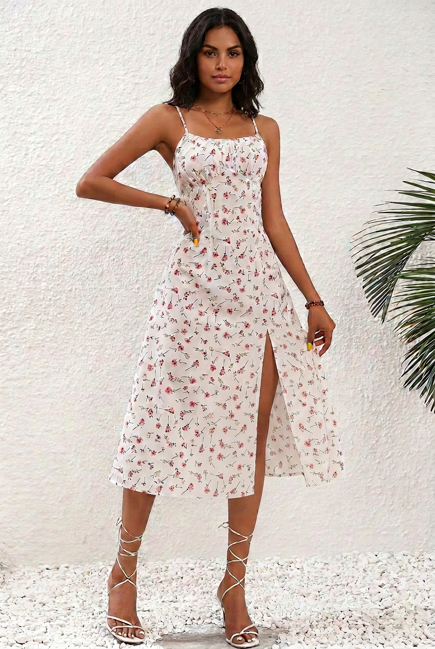 Model wearing the white floral Rosalie dress with a front split, latest shorter-hem preview.