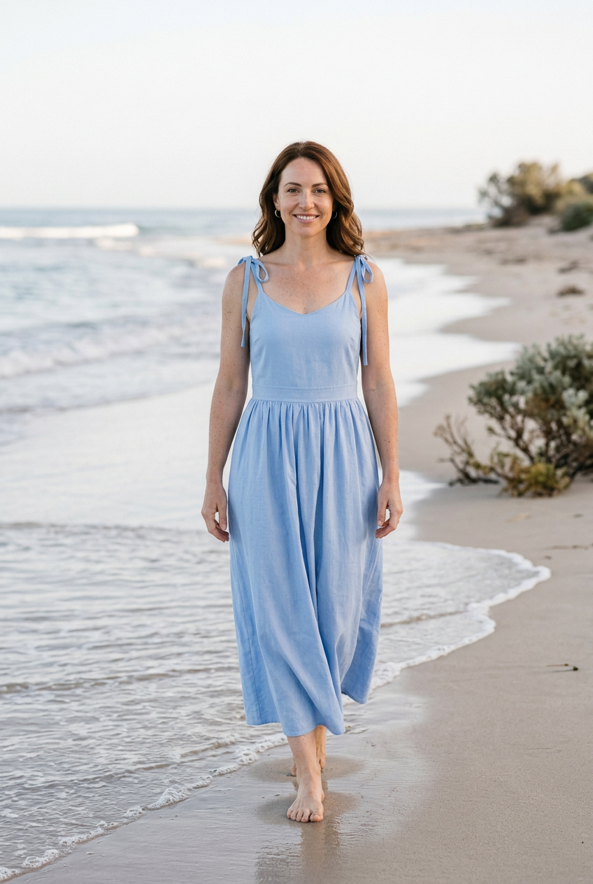 Clara cotton tie-shoulder midi dress in sky blue, relaxed beach styling