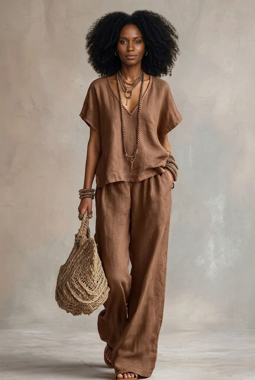 Model wearing the brown Marlowe Relaxed Two-Piece Set