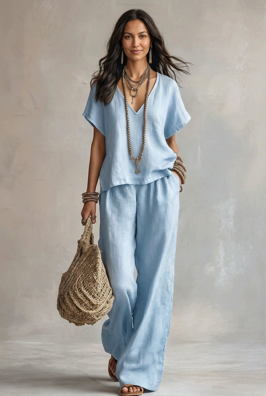 Model wearing the light-blue Marlowe Relaxed Two-Piece Set