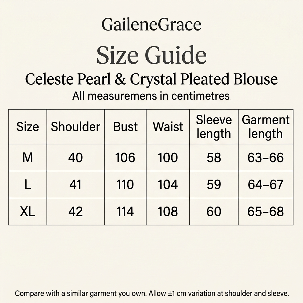 Celeste Pearl & Crystal Pleated Blouse size guide for M–XL, with shoulder, bust, waist, sleeve length and garment length measurements in centimetres.