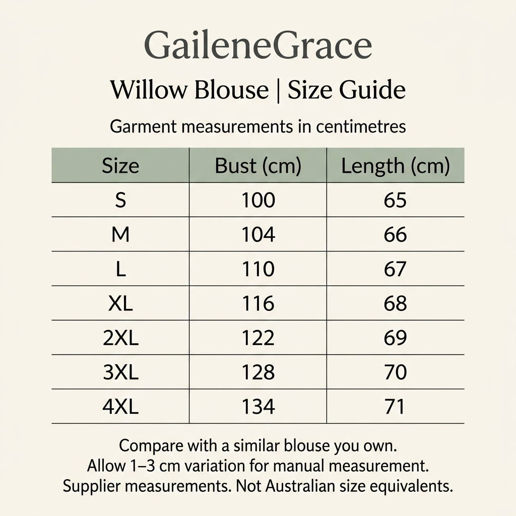 Willow blouse size guide: supplier bust and length measurements in centimetres for sizes S to 4XL