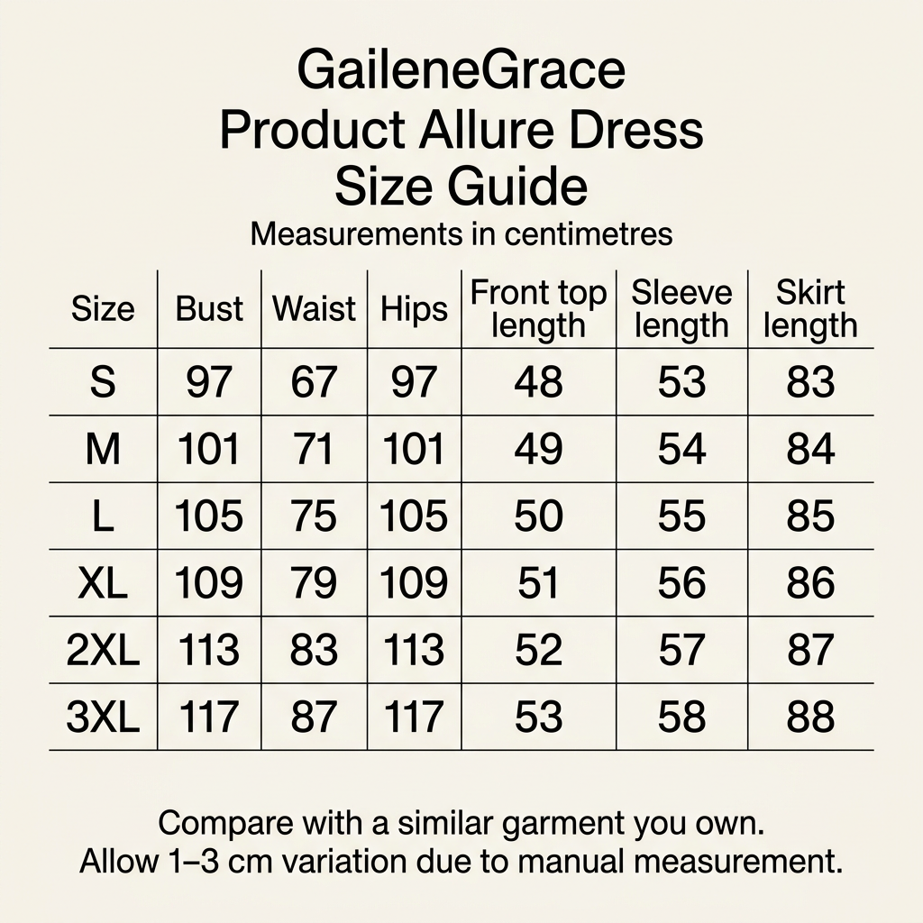 Allure Dress size guide for S–3XL with bust, waist, hips, front top, sleeve and skirt measurements in centimetres.