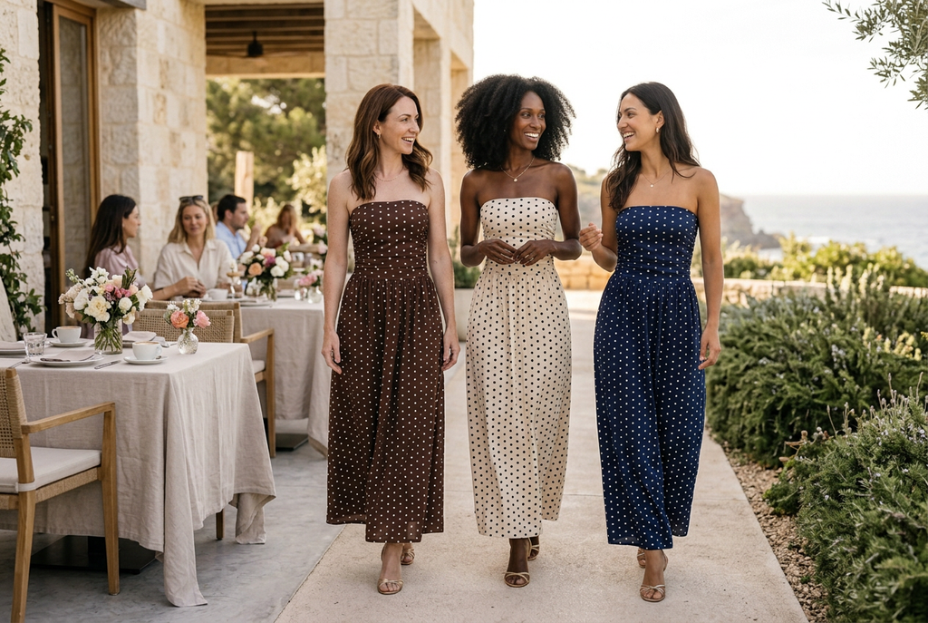 Three models arriving for brunch in Amelie dresses