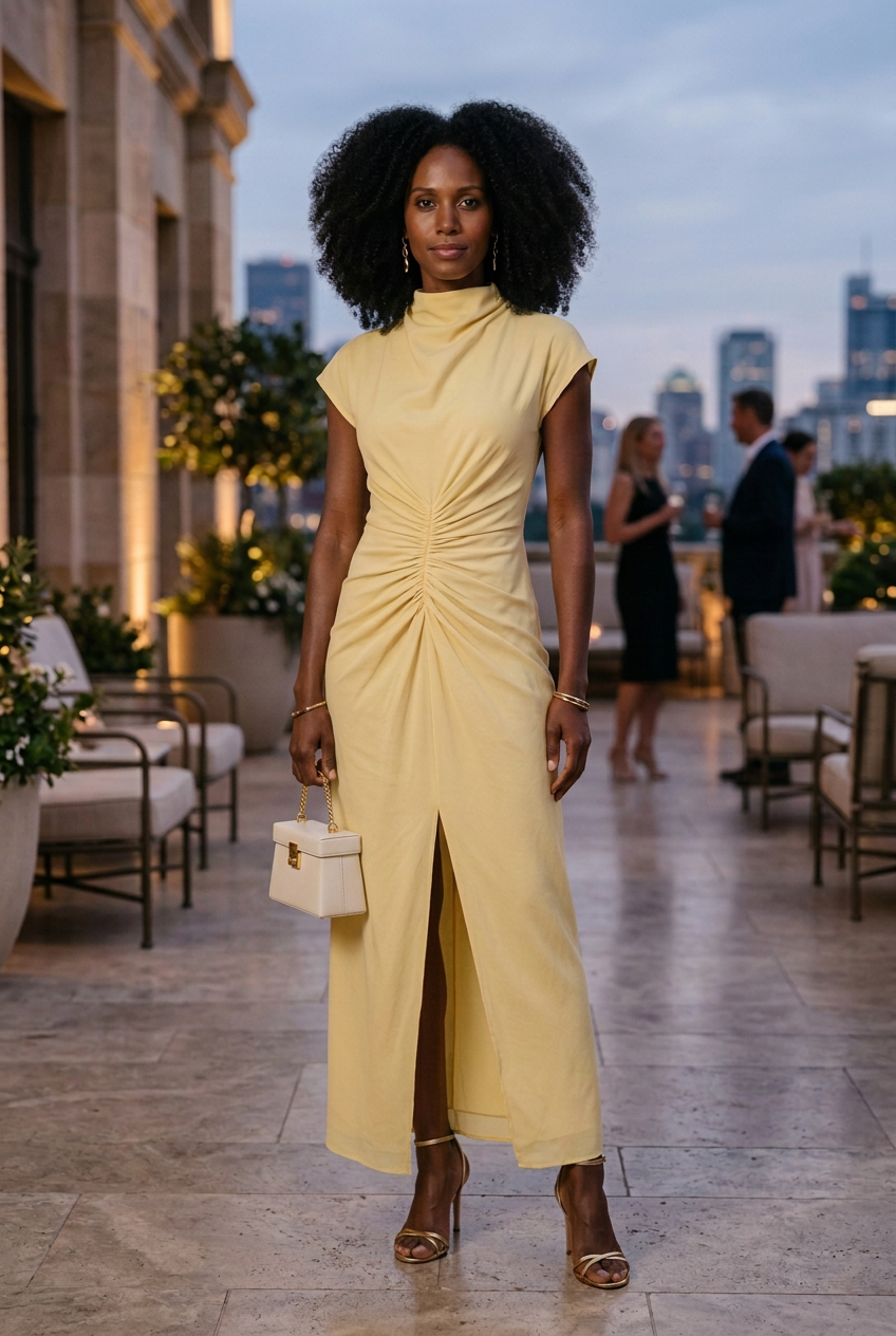 Yellow Sienna styled with an ivory evening bag