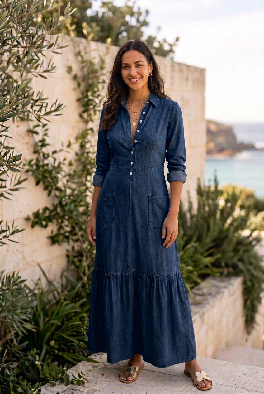 Younger model in Ella dress with deeper supplier-reference blue